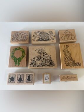 Assorted Wooden Rubber Stamp Lot of 9 with Floral and Holiday Designs